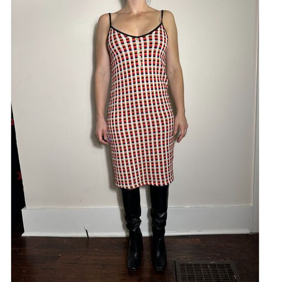 Zara Red Pink Black Checkered Midi Dress Size Small - Picture 1 of 5